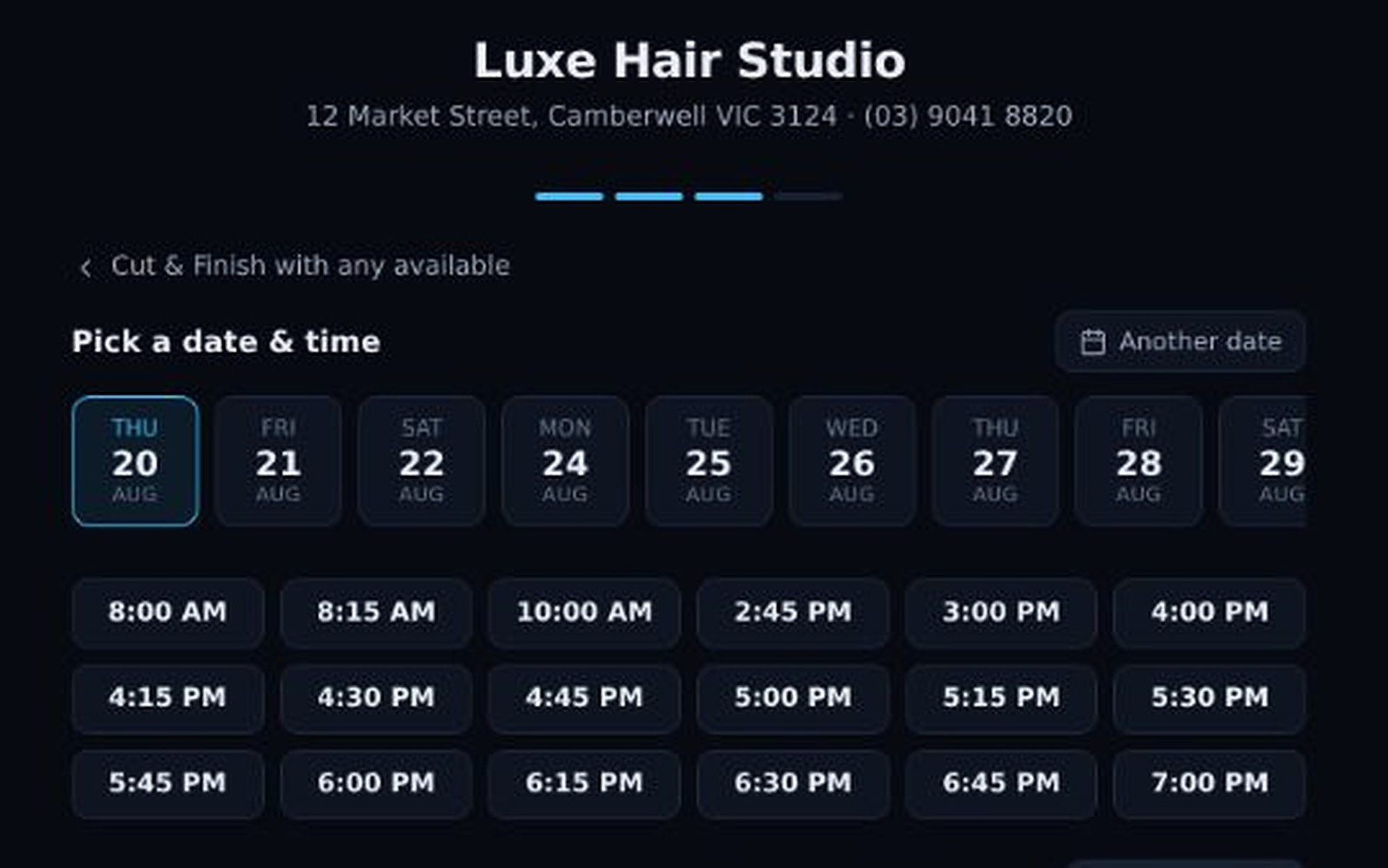 The public booking page showing the business name, a date strip and the available times.