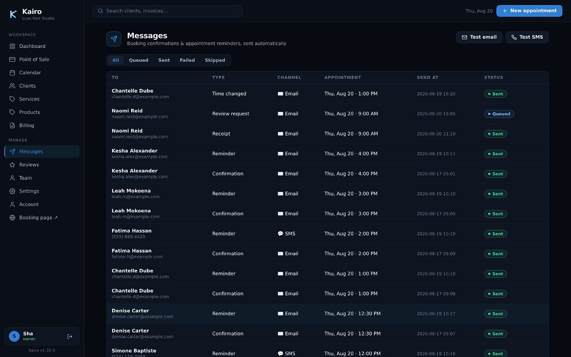 The message log listing confirmations, reminders and receipts by channel with delivery status.