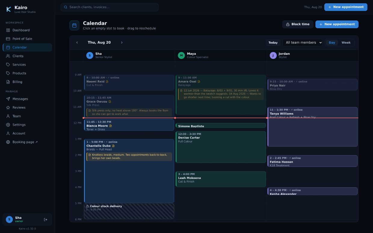 The day calendar with a colour-coded column per team member, a live now-line, blocked time and markers showing which bookings came from the public page.