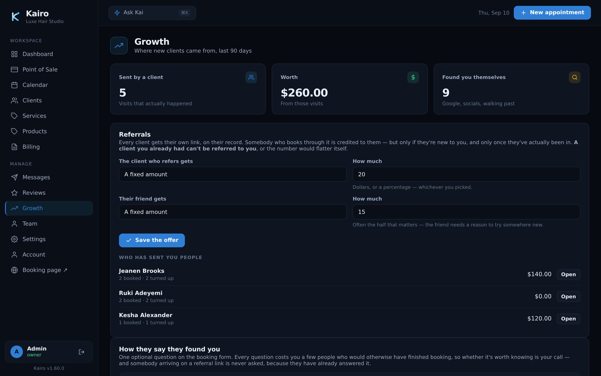 Kairo's Growth screen: how many visits came from a client's referral link, what they were worth, how many found the salon themselves, the reward set for each side, and which clients have sent people in.