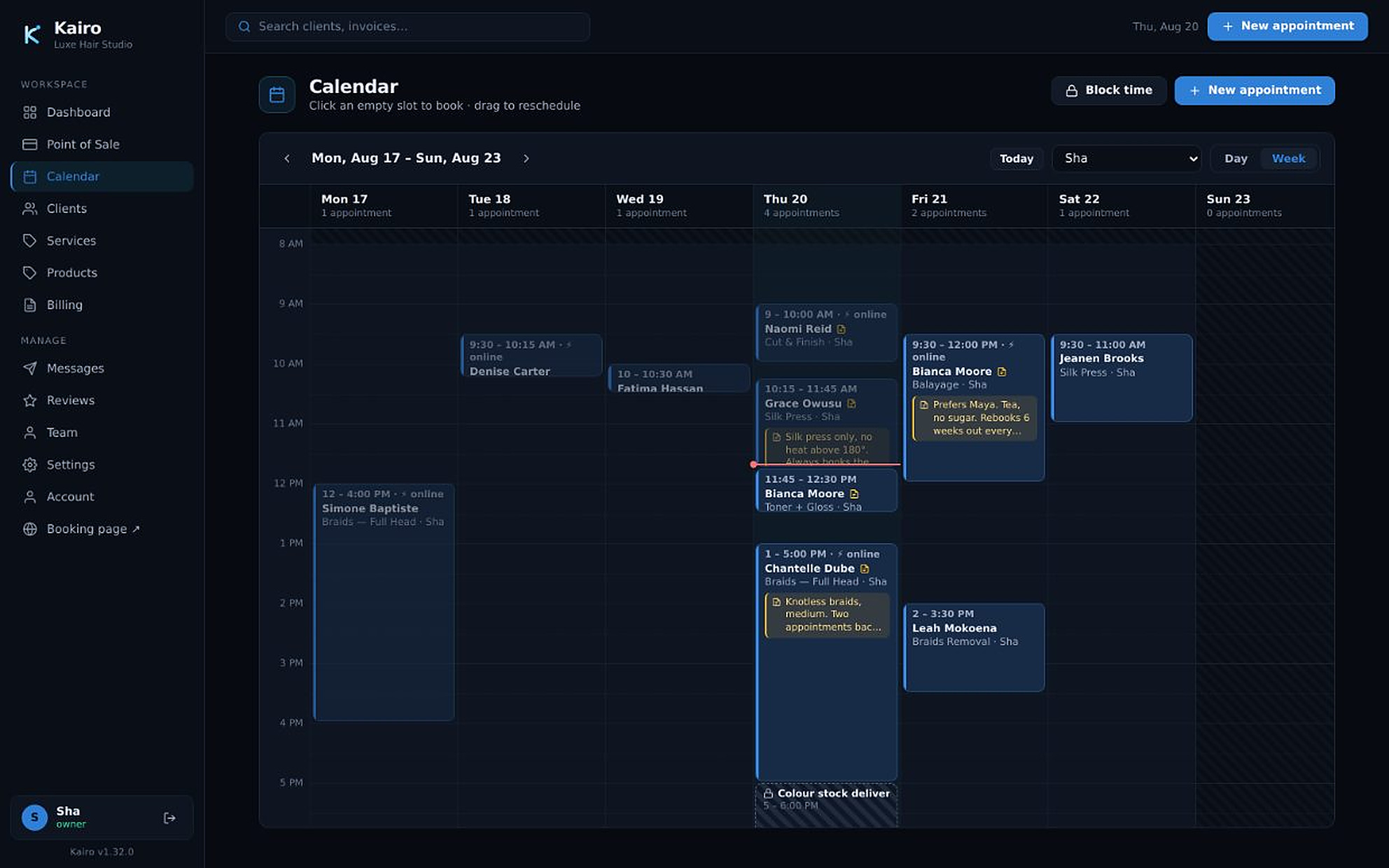 Kairo week view of the appointment diary with a colour-coded column per team member