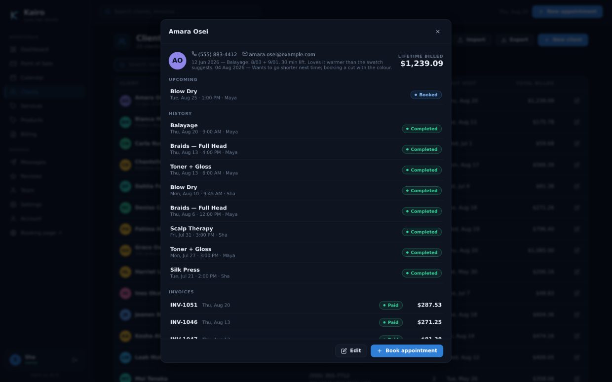 A client profile showing lifetime spend, upcoming visits, full appointment history, invoices and dated notes.