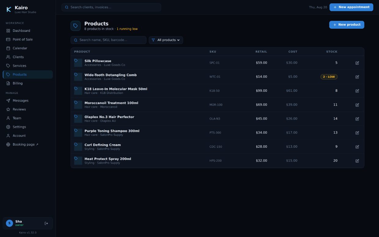 Retail stock with margins and low-stock warnings.