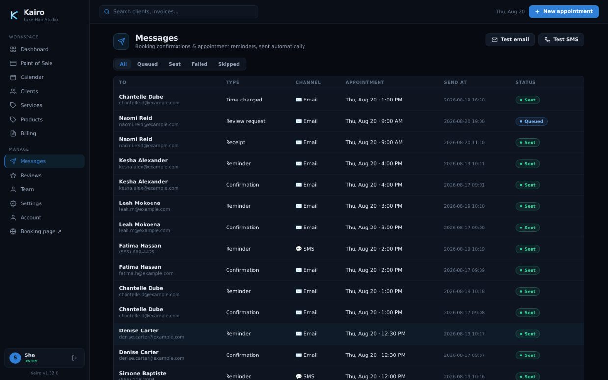 The message log listing every confirmation, reminder, receipt and reschedule with its delivery status.