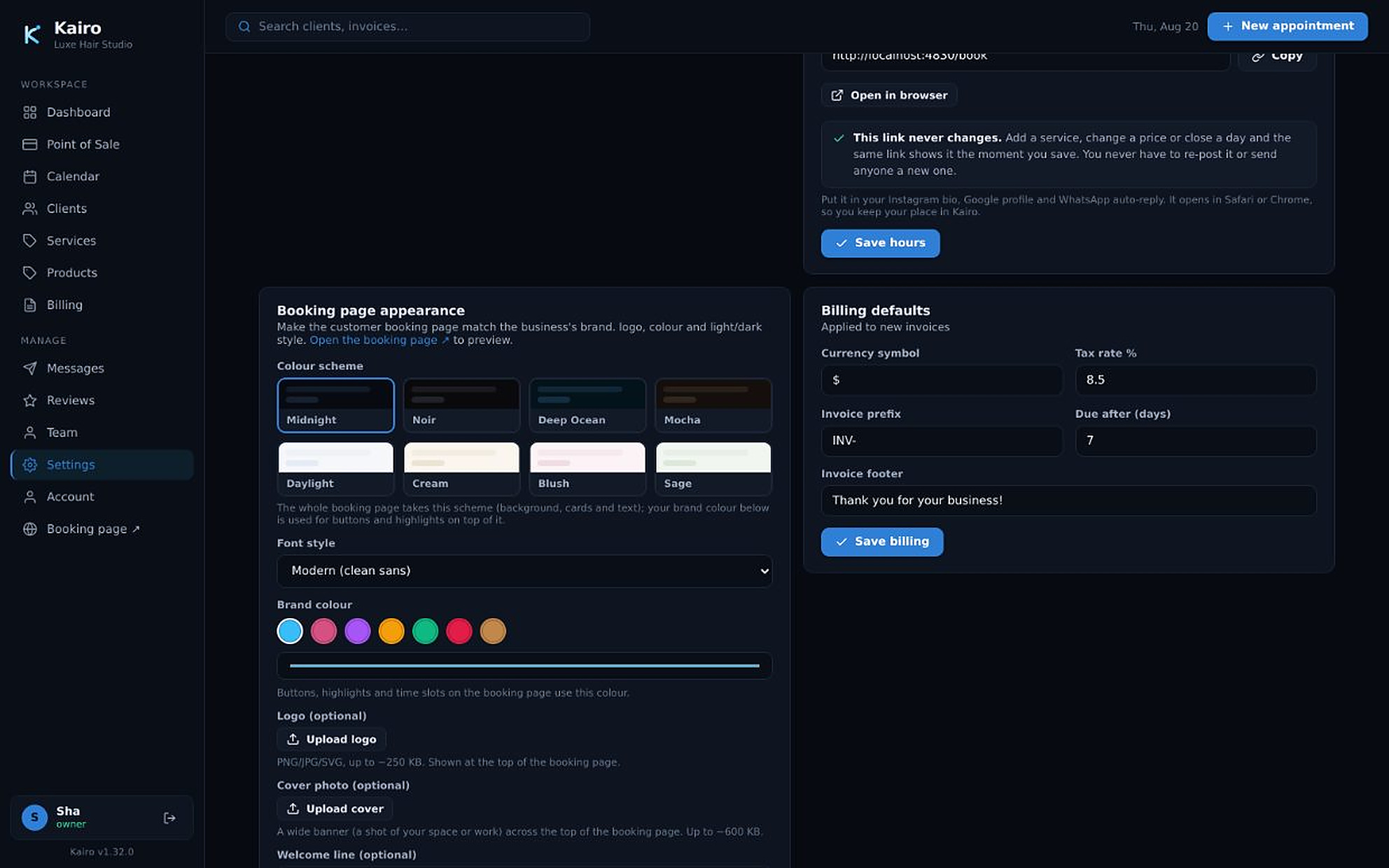 Kairo notification settings for booking confirmations, reminders and review requests